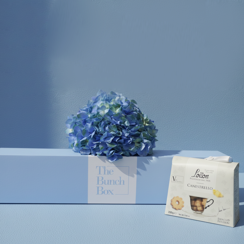 The Sapphire Bloom Box pairs the serene beauty of a lush blue hydrangea with the buttery, artisanal quality of 200g Loison Canestrello biscuits. Presented in a color-matched signature blue gift box, this set offers a professional and calming gifting solution that blends high-end floristry with heritage Italian confectionery. It is a refined way to send a gesture of peace and premium taste.