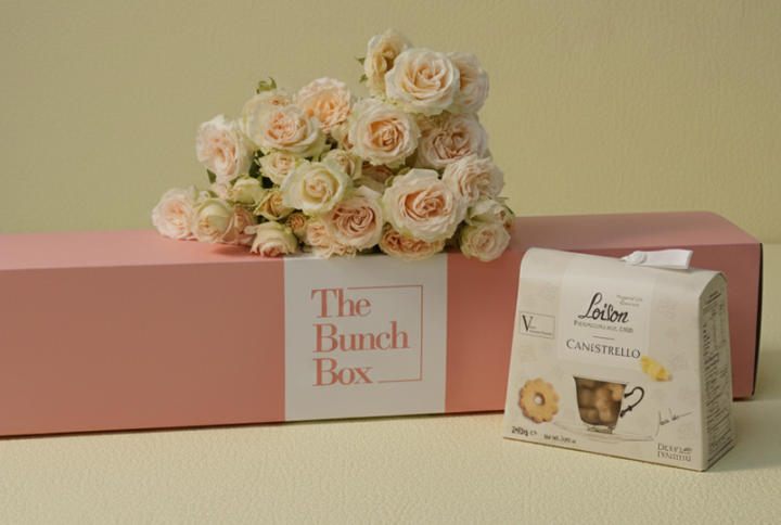 Salinero Softness and Sweets features five stems of romantic, peach-pink Salinero spray roses paired with 200g of buttery Loison Canestrello biscuits. Presented in our signature pink long-form gift box, this set offers a sophisticated and gentle gifting solution that blends delicate botanical beauty with the heritage of premium Italian confectionery. Perfect for moments that require a touch of softness and refined taste.